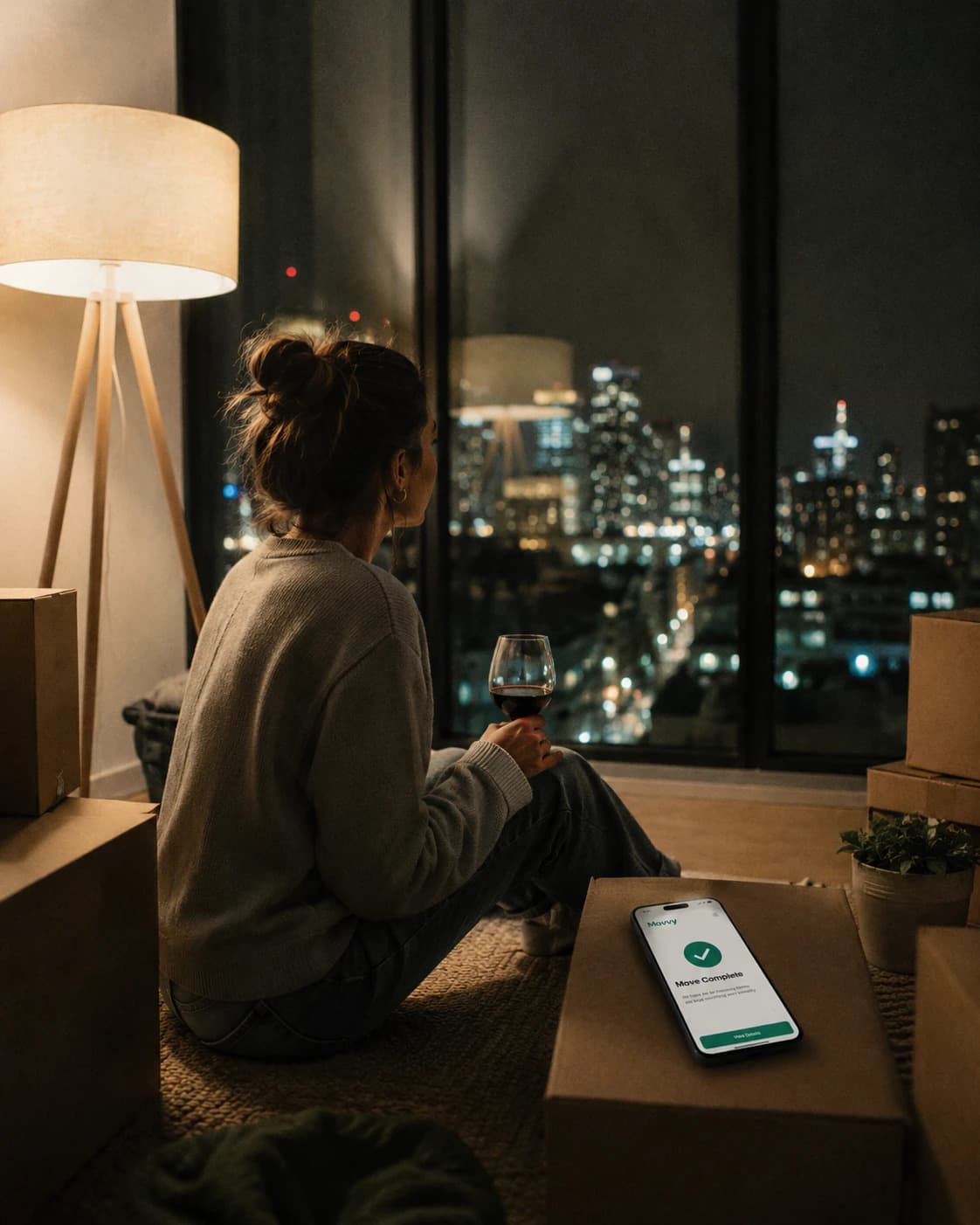A woman sitting on the floor of her new high-rise condo at night, holding a glass of red wine, looking out at a glittering city skyline. Moving boxes around her, with her iPhone resting on a box showing the Movvy 'Move Complete' confirmation screen.